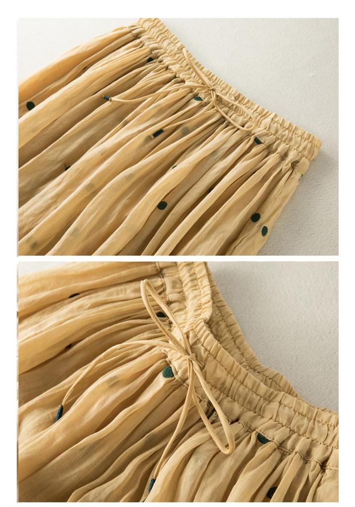 2025 Spring/Summer Women's Cotton Linen Polka Dot Pleated Midi Skirt with Elastic Waist