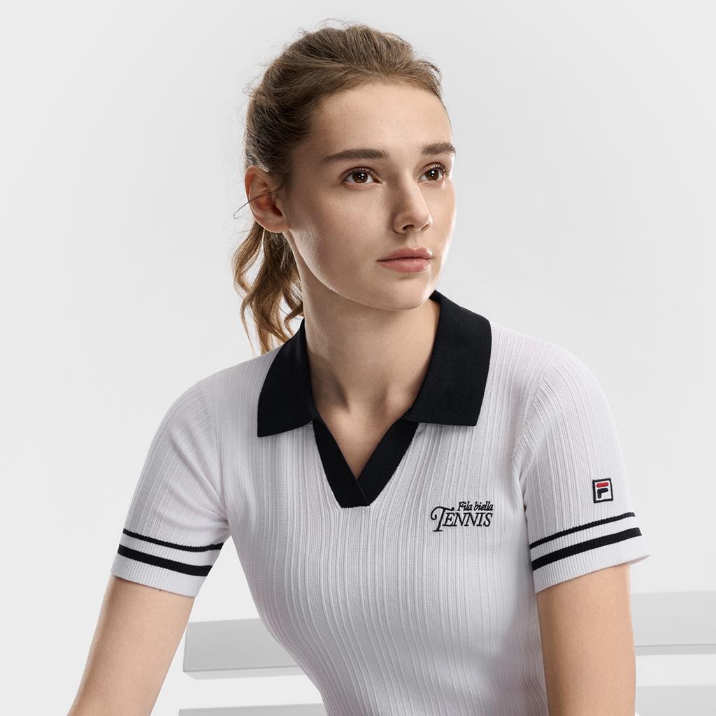 Fila Tennis Fashion Simple Classic Retro Tennis Sports Casual Versatile Comfortable Striped Knitted Short Sleeve Top Women tops A11W623401FWT