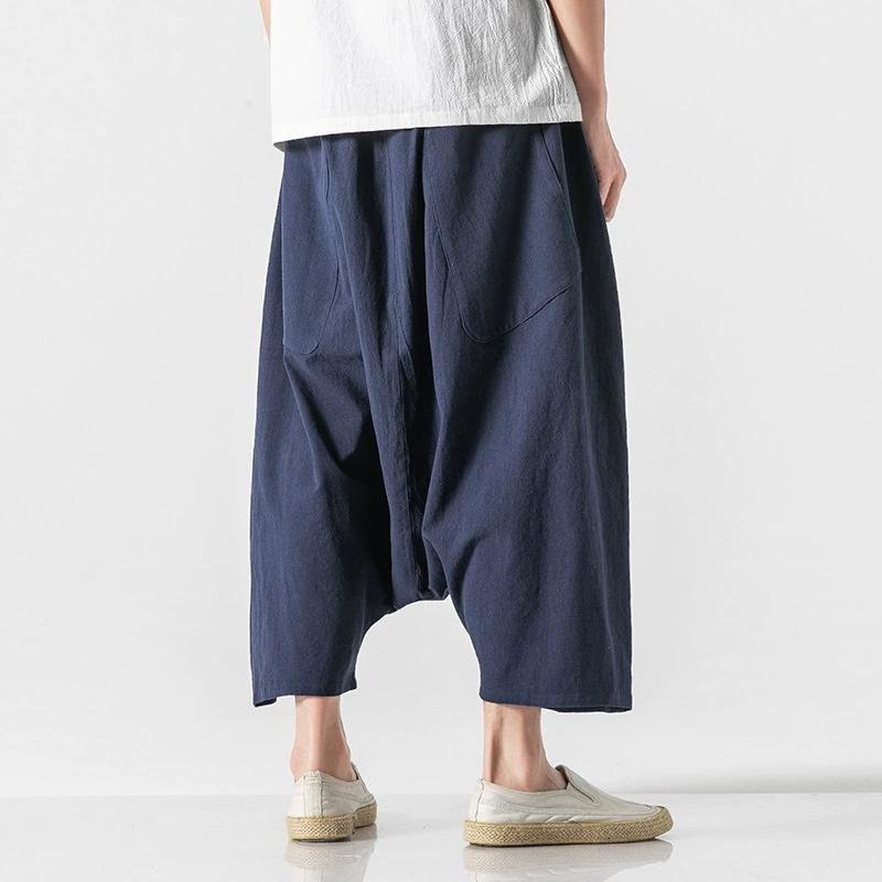 Męskie Spodnie Haremowe Casual Duże Rozmiary Vintage Luźne Bawełniane Lniane Szerokie Nogawki Męskie Spodnie z Elastycznym Pasem