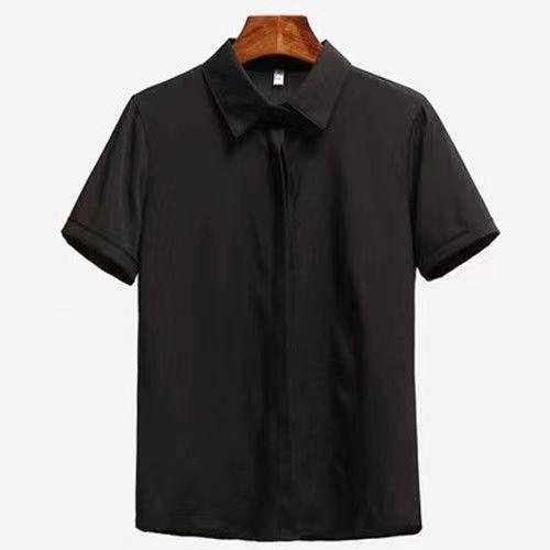 WTEMPO Women Satin Short Sleeve Shirt Elegant Lapel V Neck Blouse Smooth Office Commuter Solid Color Casual Work Top
