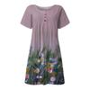 Ladies Casual Round Neck Button Ruched Trim Printed High Waist Loose Dress
