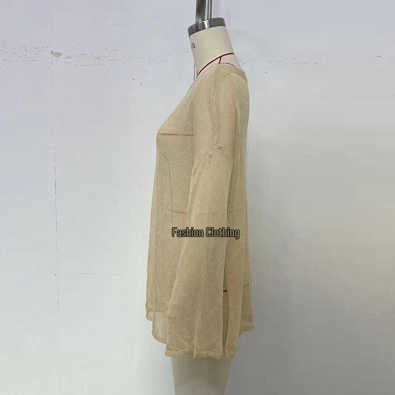 European & American Women's Sexy See-Through Loose Pullover Cardigan – Long Sleeve, Round Neck, Solid Color, Fashion Sun Protection