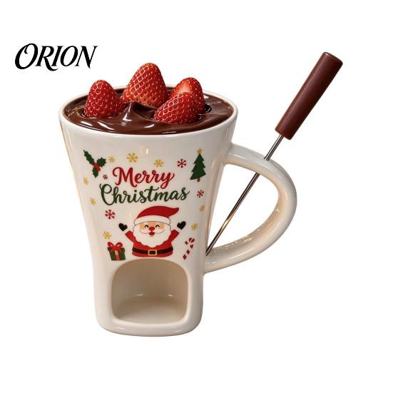 Winter Party Dessert Serving Dish Christmas Chocolate Fondue Mug with Tea Light Warmer & Forks, 155ml Ceramic Melting Gift for Lovers Pot Cheese
