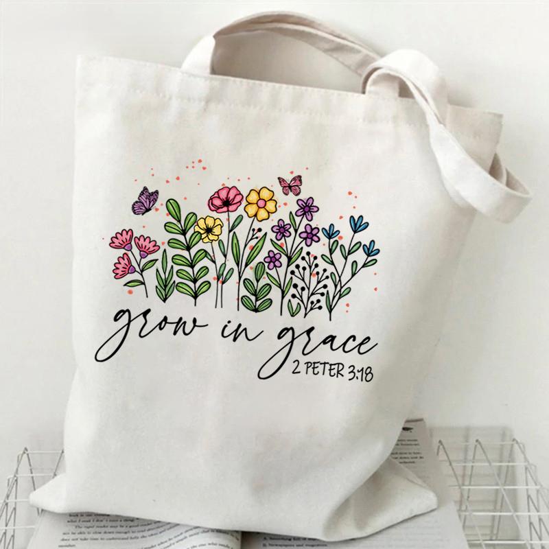 Fancy Style Studio Cadeau voor Christenen Canvas Boodschappentas Groei in Genade Religieus Christelijk Geloof Patroon Schoudertassen Wilde Bloemen Dames Handtassen