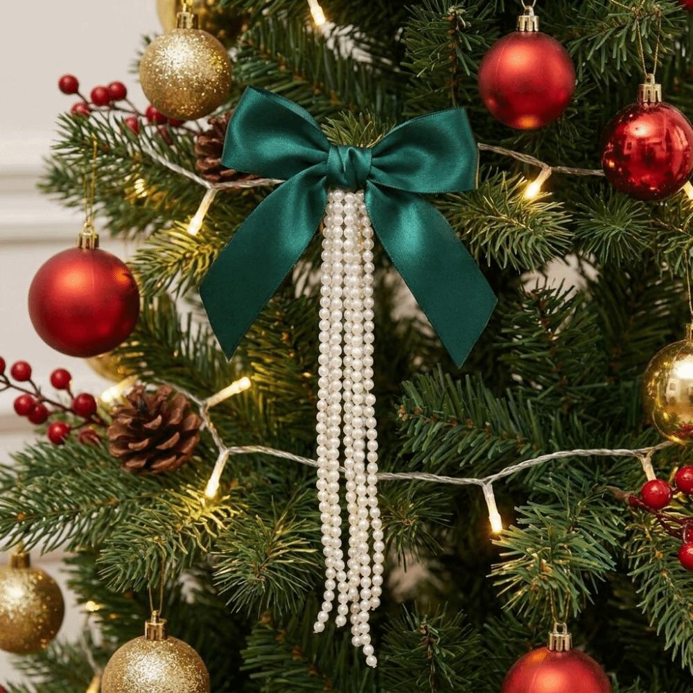 DIY Bowknot Pearl Hanging Pendant Ribbon Christmas Tree Topper  New Year Gift