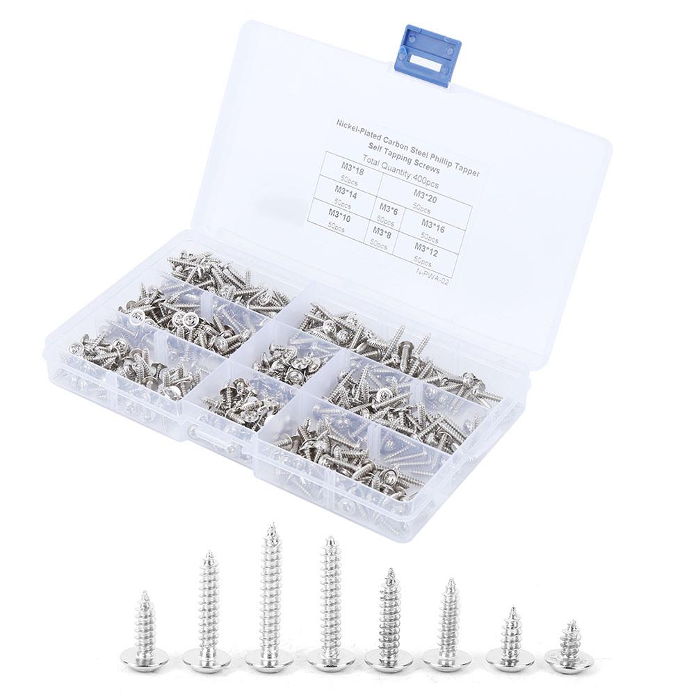 

400pcs NickelPlated Carbon Steel Self Tapping Screw Precise Tapping Screw Set M3