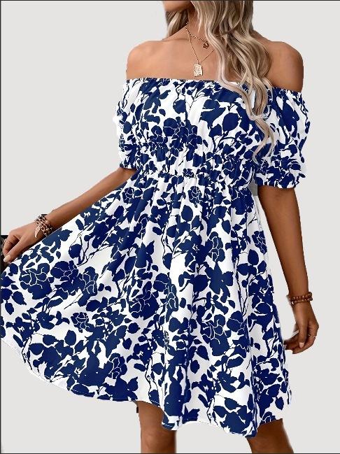 Women's Summer New European and American Short-sleeved One-word Shoulder Print Flower Dress