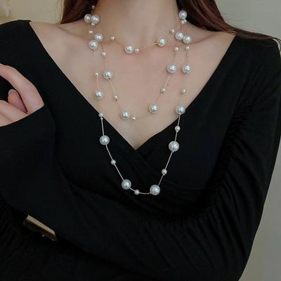 Ladies Necklace Sweater Top Necklace Multi Layers Faux Pearl Clothes Accessory Stainless Lightweight Lady Jewelry Sweater Chain Women Gift