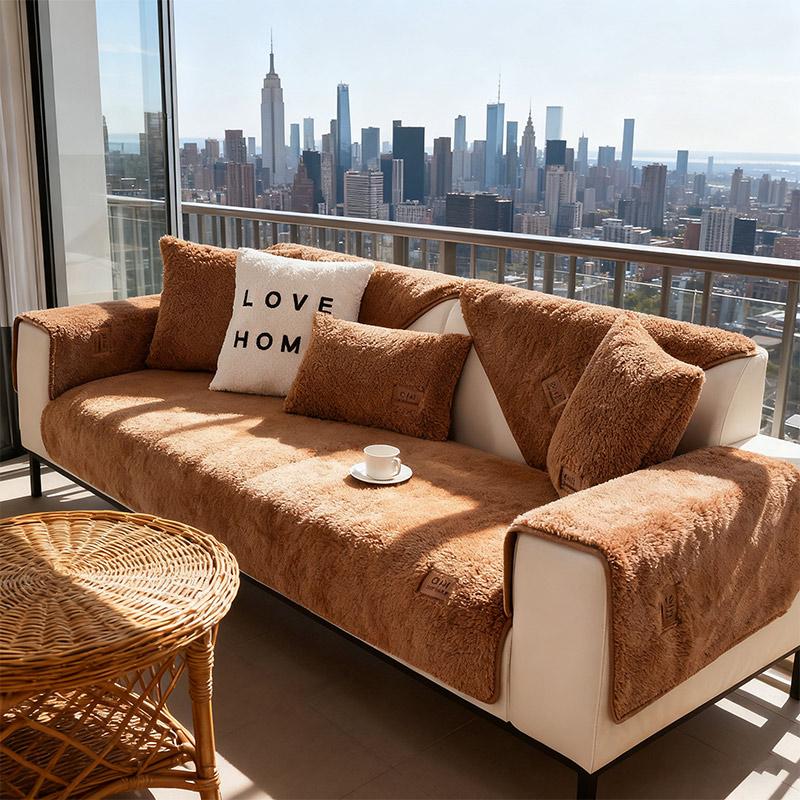 Lamb Wool Sofa Cover Plush Soft Warm Cushion Couch Protector Thicken Non-Slip Solid Color Slipcover for Living Room Decor Modern