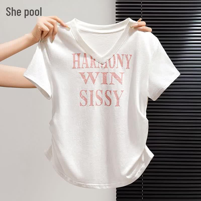 Women s V-Neck Pleated Waist Letter Print T-Shirt S
