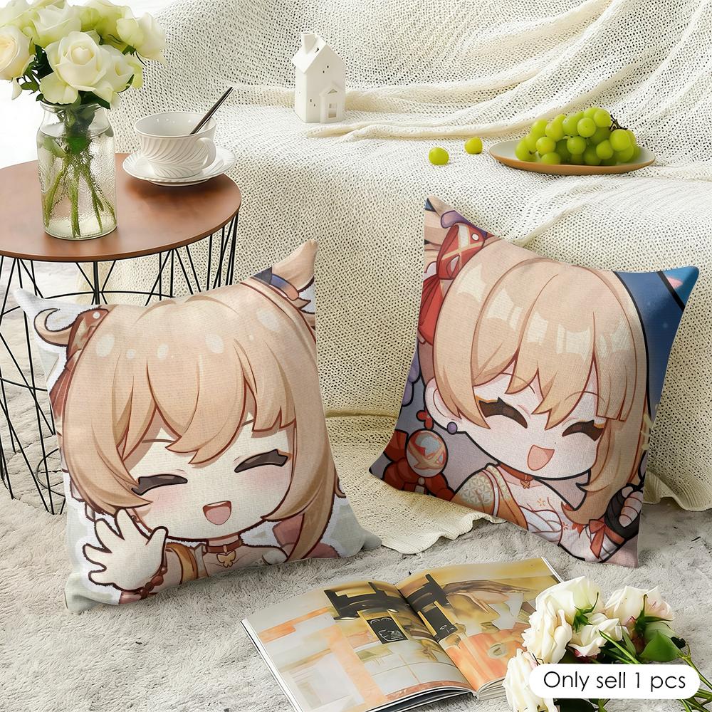 Yoimiya Cute Genshin Impact Cushion Cover Natural Linen Organic Fabric Double-Sided Printing Sofa Home Decor Gift Pillow Case