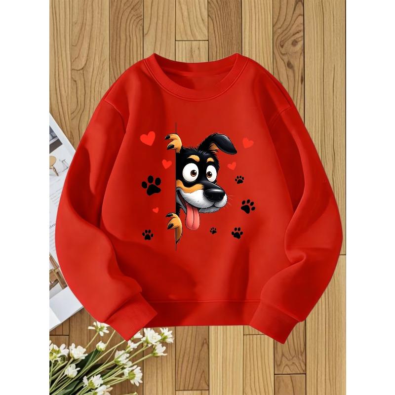 Kids Sweatshirt Black and White Spotted Dog Sticking Out Tongue Print Crew Neck Sweatshirt, Cute Pet Fun Style for Autumn/Winter
