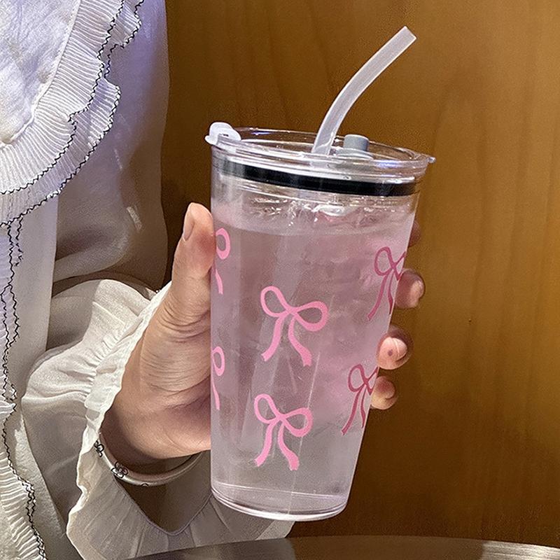 Chic Bow Printed 16.9oz Plastic Water Bottle With Straw And Lid Coffee Cup Travel Mug For Hot And Cold Drinks Outdoor Tableware