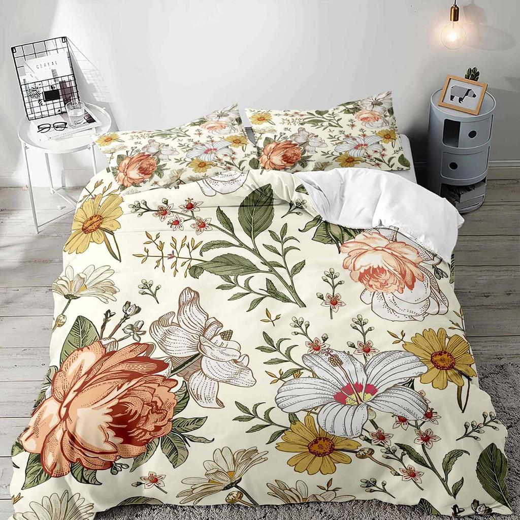 Boho Floral Soft Duvet Cover Set Young Girls Women Rom Quen Beding Set Vintage Buterfly Botanical Blosom Flower Warm Comforter Comfortable Quilt Cover