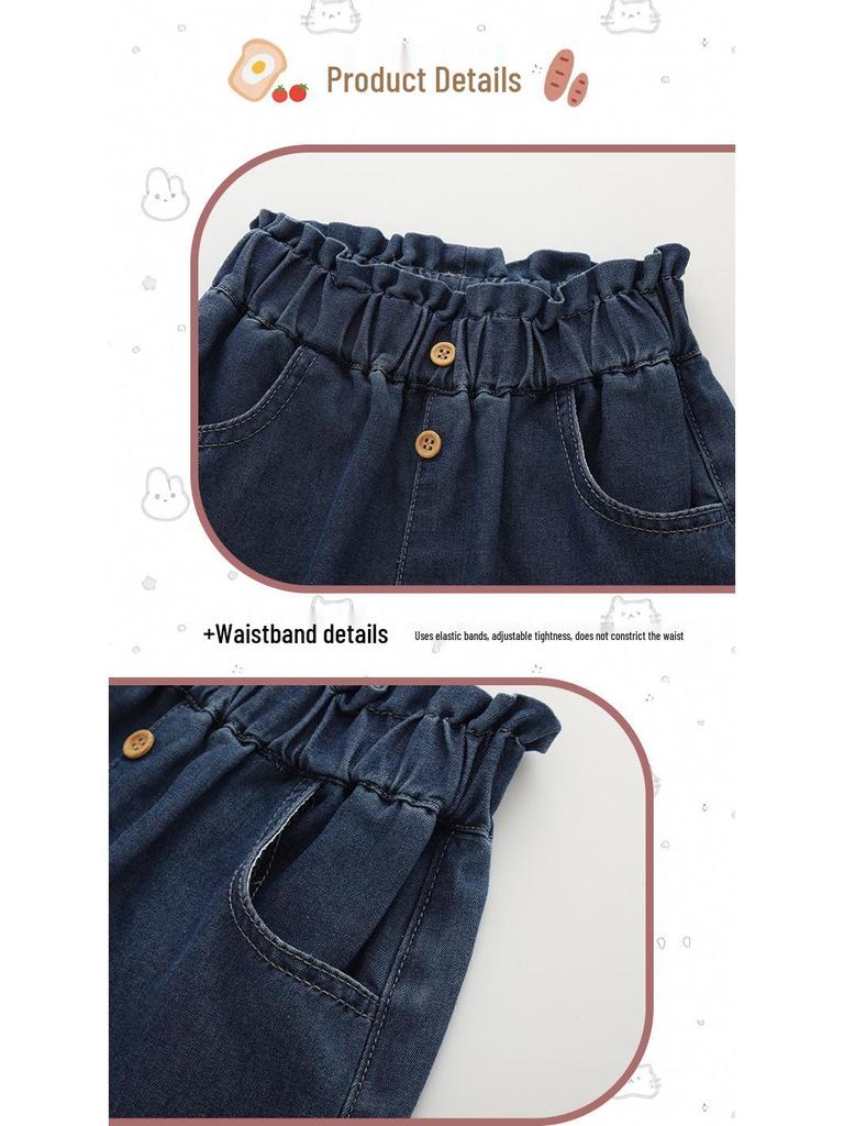 Malwee Girls' Summer Jeans: European & American Style, Elastic Waist, Cute Design for Small To Medium Children