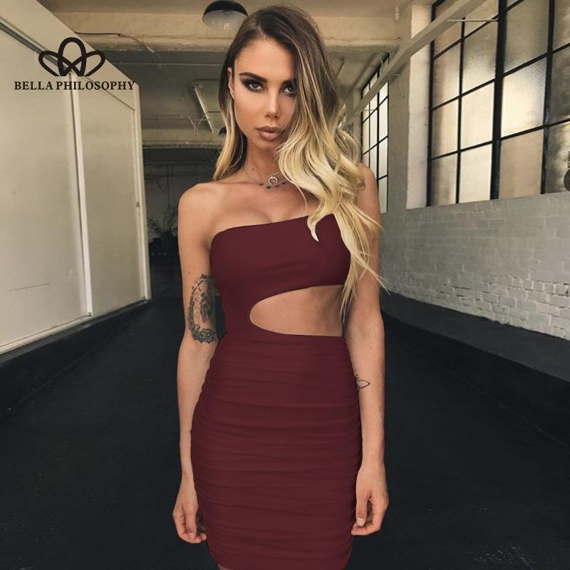 Summer New European-American Women's Shoulder Tube Top Hollow Sexy Hot Girl Solid Color Hip Short Dress