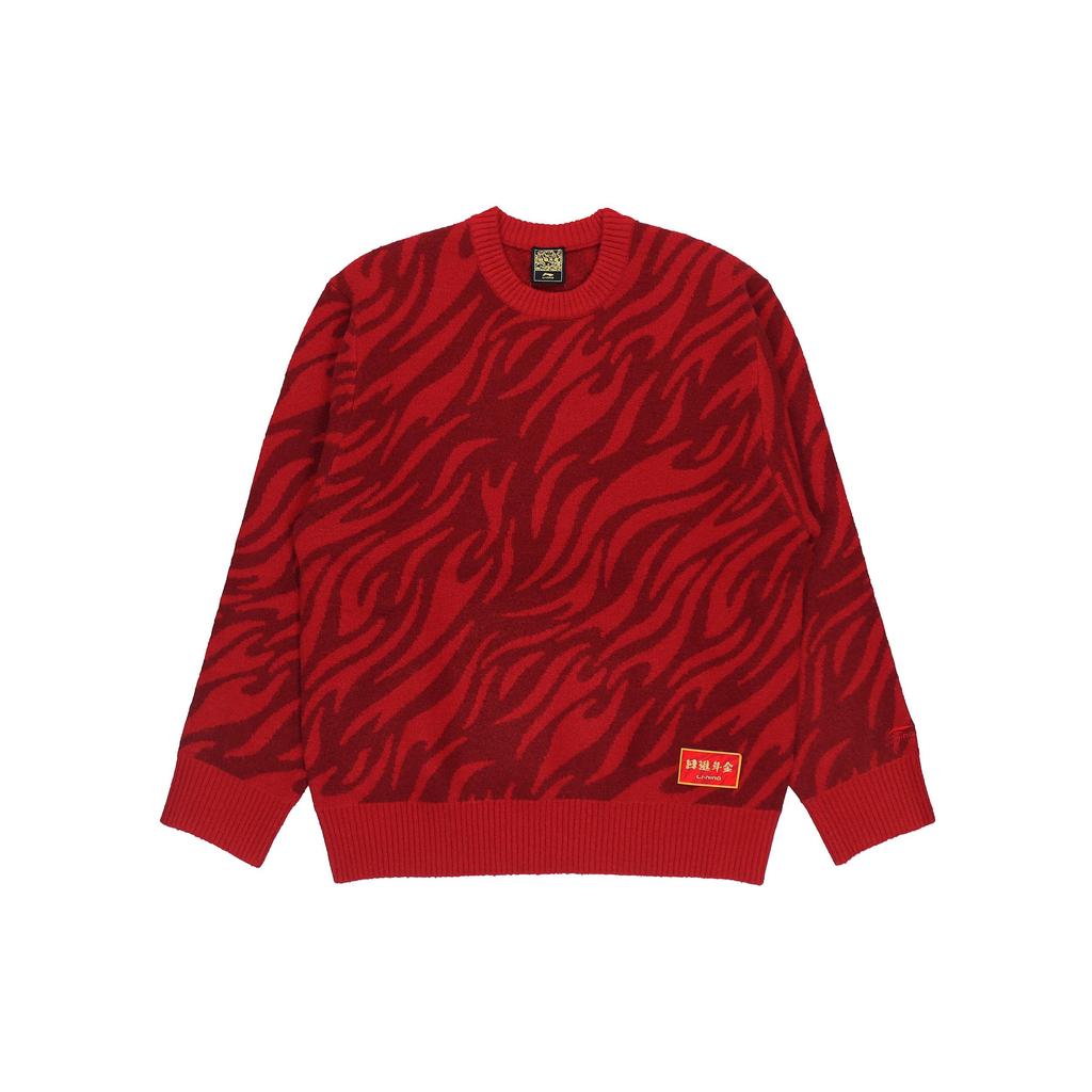 Li-Ning Daily Gold Series Casual Sport Pullover Tiger Pattern Knit Sweater Unisex Tops Red AMBS031-3