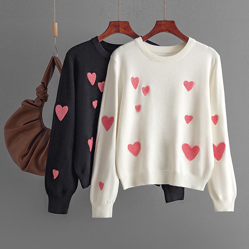 2024 Autumn/Winter Heart Flocking Embroidered Round Neck Long Sleeve Women’s Knit Sweater Pullover