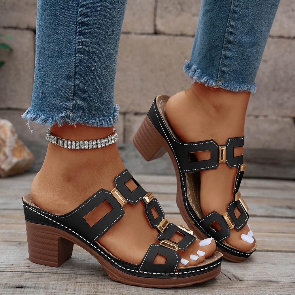 Chunky Heel Toe Women'S Slip Sandals Openwork Versatile Casual Solid Color Closed Toe Sandals Women Pretty Sandals For Women