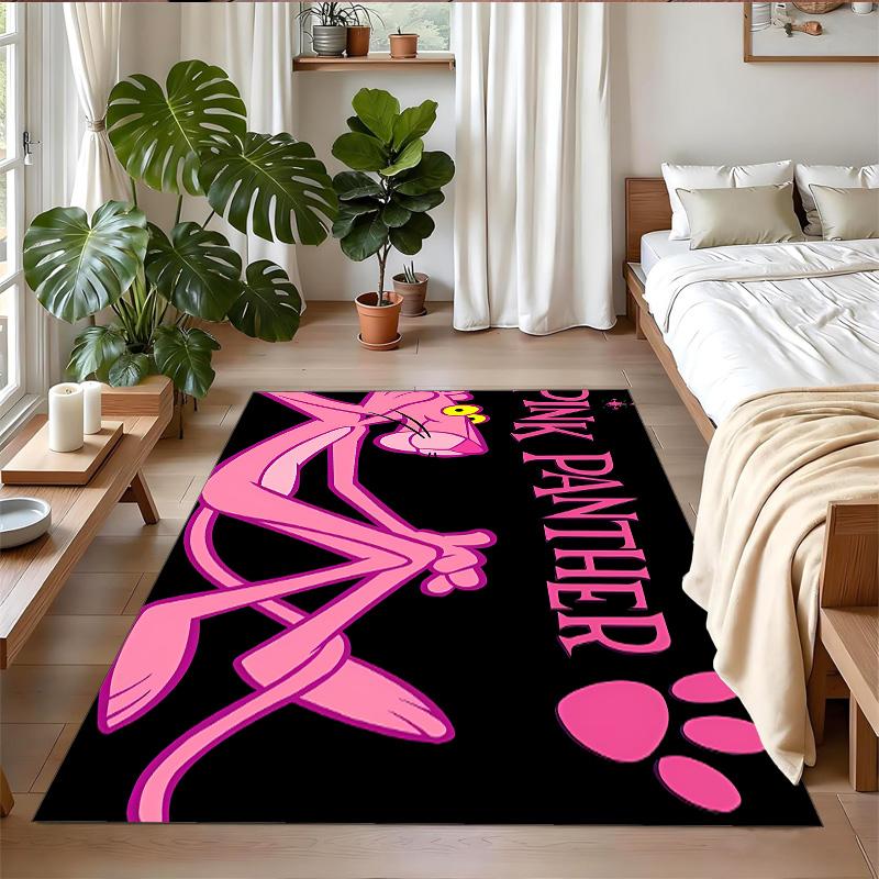 Anti‑Slip Crystal Velvet Floor Rug, Pink Panther Design Carpet for Indoor Living Bedroom Home Decoration