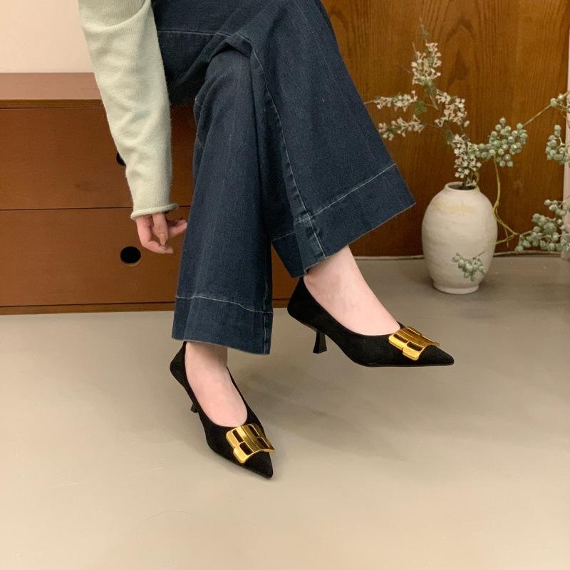 Large size pointed suede metal buckle shallow mouth single shoes women's new autumn and winter temperament stiletto high heels