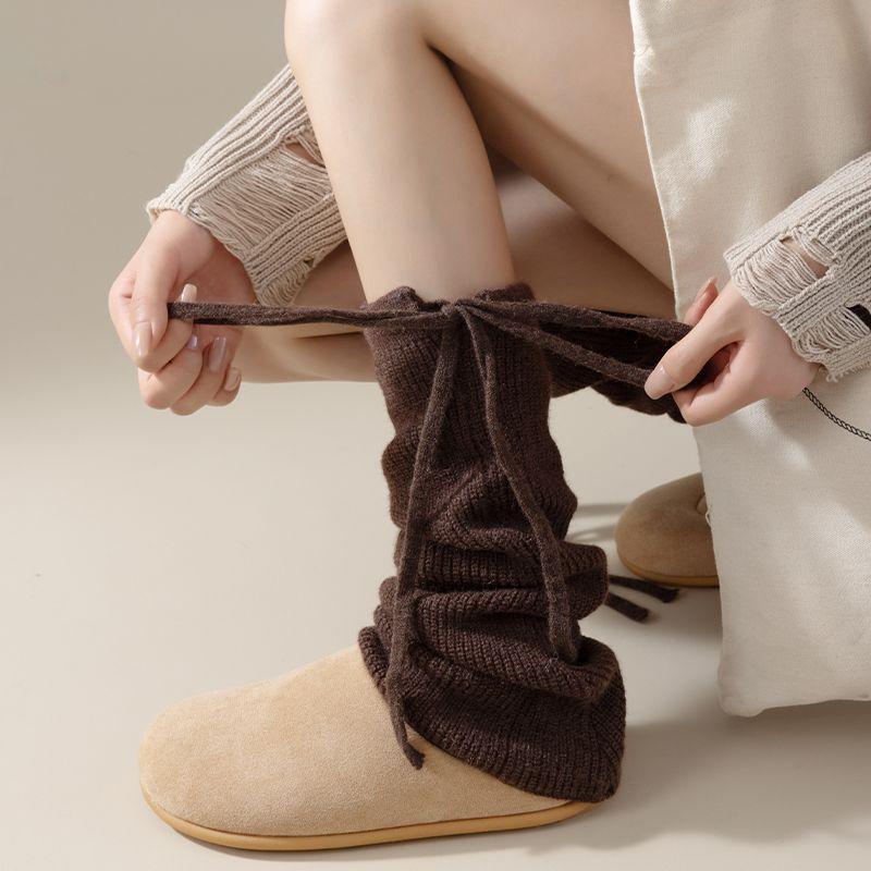 Japanese Style JK Drawstring Strappy Slouch Socks Leg Warmers Slimming Long Tube Socks Autumn Winter Micro Flared Leg Warmers Warm Knitted Loose Fit