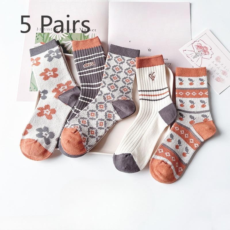 5 Pairs of Women's Autumn and Winter Warm Trend Embroidery Cylinder Stack Socks