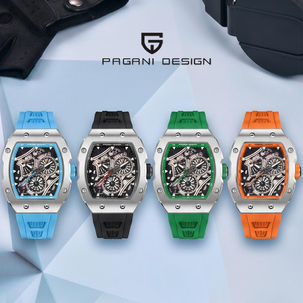 PAGANI DESIGN Tonneau Quartz Watch Men Luxury Sport Waterproof Luminous Multi-Function Silicone Band Male Clock PDYS012