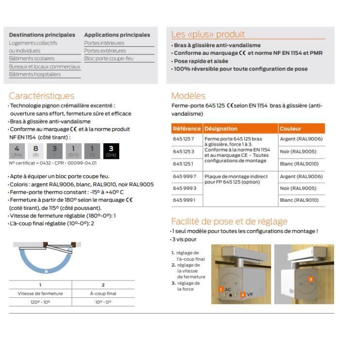 Bricard Ferme-porte 6451257 hydraulique Argent. Force 1 à 3 (60kg). Pose rapide et aisée. 100% réversible.