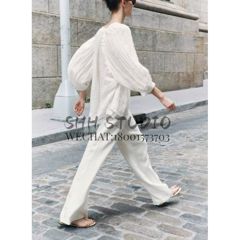 Spring New French Lazy Style Temperament V-neck Long Sleeve Ruched Linen Blended Fluffy Shirt 8224051