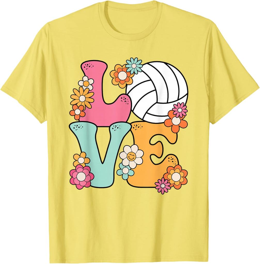 Volleyball Love Retro Flowers Graphic Tee Women Girls Casual Short Sleeve T-Shirt