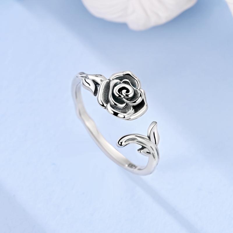Original 925 Sterling Silver Thorny Rose Earrings Ring Bracelet Set For Women Fashion Personalized Black Rose Jewelry Gift