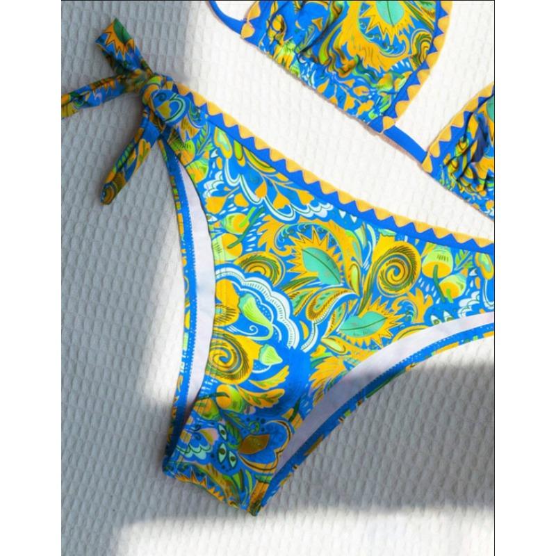 Vibrant Tropical Print Triangle Bikini with Side Tie Bottoms