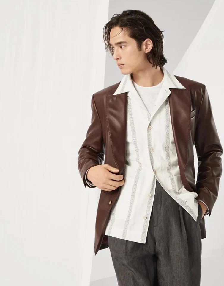 

Мужской кожаный блейзер из натуральной овчины ручной работы, формальный, стильный, коричневый, на двух пуговицах 3XL коричневый