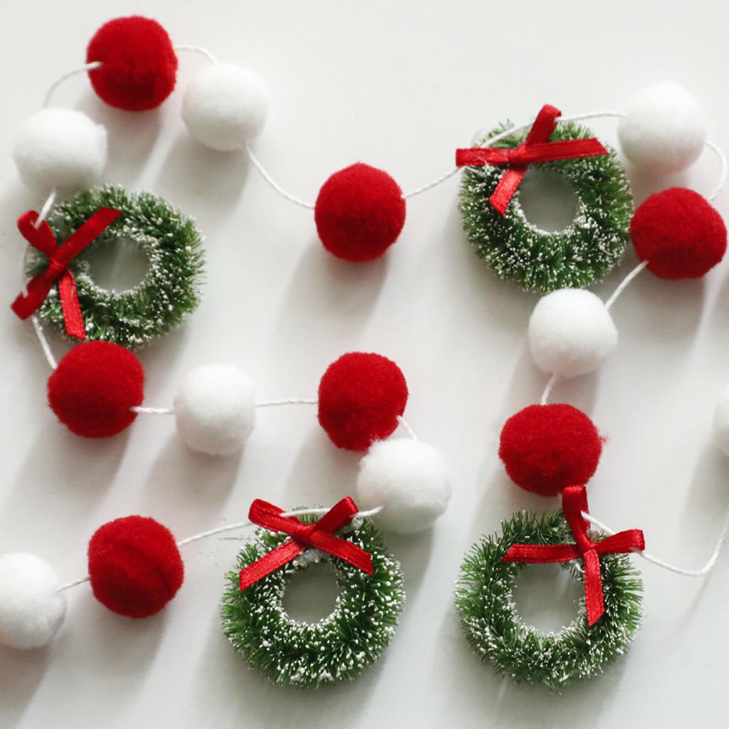 Christmas Pom Pom Garland with Green Wreath Ornaments, Red & White Felt Ball String, Festive Hanging Decor for Xmas Tree & Home
