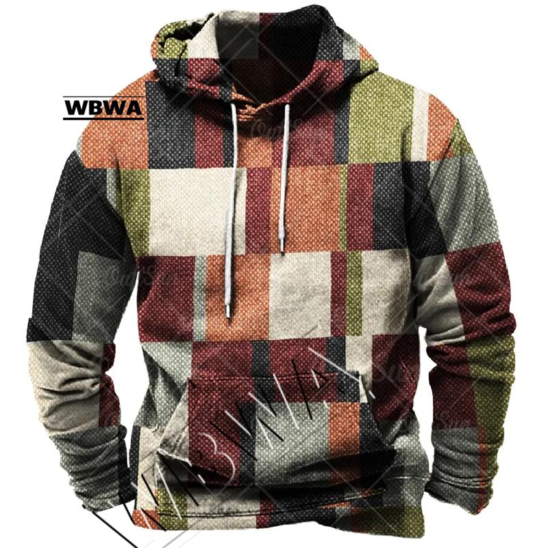 ETST0013 Vintage Heren Hoodie Voor Sweatshirt 3d Plaid Print Lange Mouw Trui Straat Man Kleding Heren Oversized Trui Met Capuchon 2023 4XL