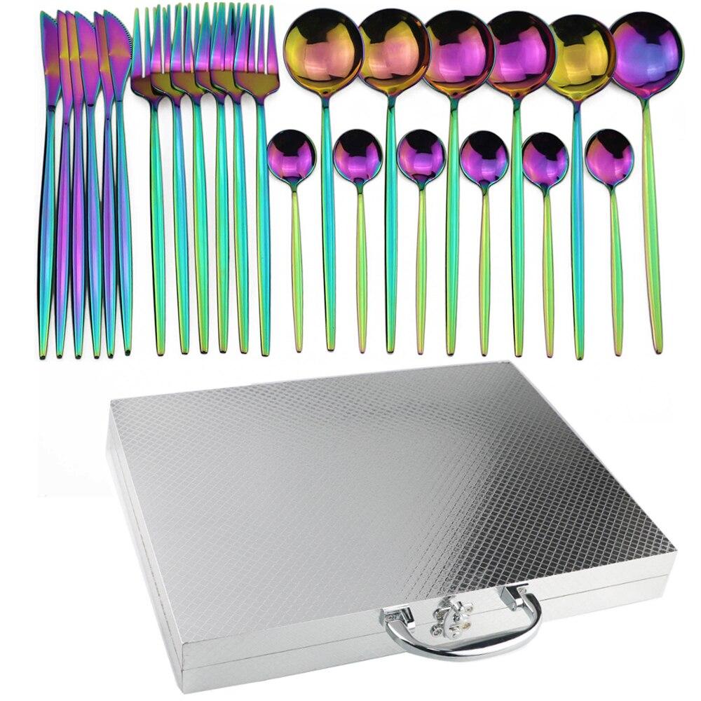 Sada 24 kusů černého nádobí Sada luxusních příborů Sada nádobí z nerezové oceli 304 Vidlička Lžíce Nůž Nádobí Stříbrné nádobí s dárkovou krabičkou