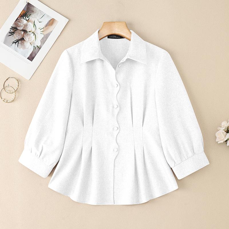 

ZANZEA Женская повседневная однотонная блузка с отложным воротником и рукавами 3/4 S