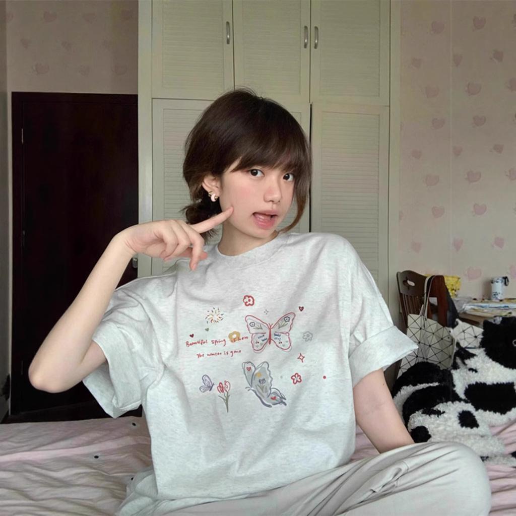 Flower gray American ins trendy brand butterfly short-sleeved T-shirt women's summer new pure cotton design sense niche fat MM top