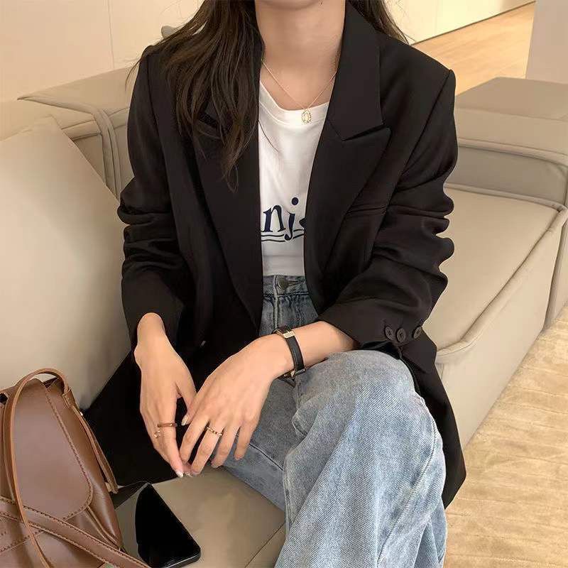 Nouă haină neagră și blazere în stil britanic pentru femei, nasturi de modă, haine largi