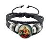 Virgin Mary Baby Jesus Christian Catholicism Jewelry Black Button Leather Bracelet Blessed Mother Religious Glass Cabochon Gift