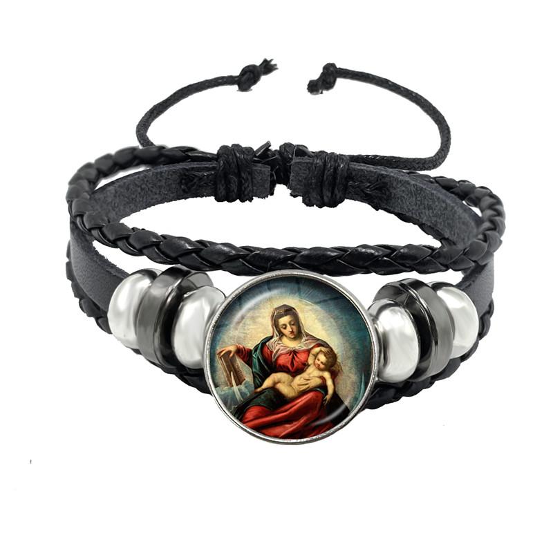 Virgin Mary Baby Jesus Christian Catholicism Jewelry Black Button Leather Bracelet Blessed Mother Religious Glass Cabochon Gift