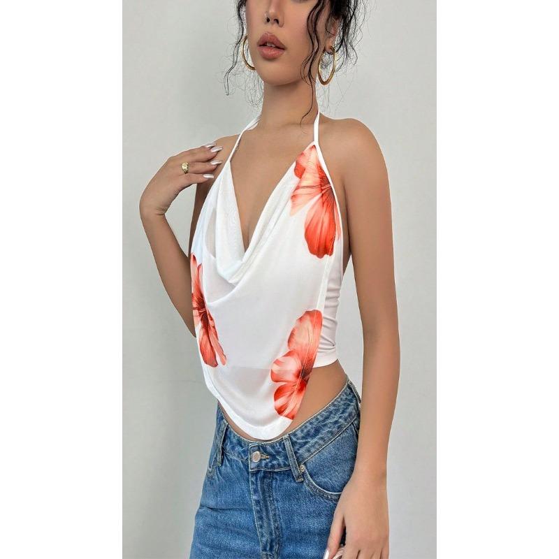 Women Sexy Halter Neck Floral Print Irregular Cropped Cami Top