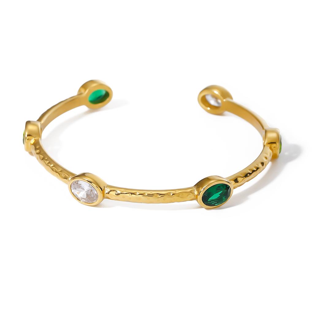 Youthway Stainless Steel Vintage Hammered Emerald Olive Green White Oval Zirconia Open Bracelet Exquisite Colorful Tarnish Free