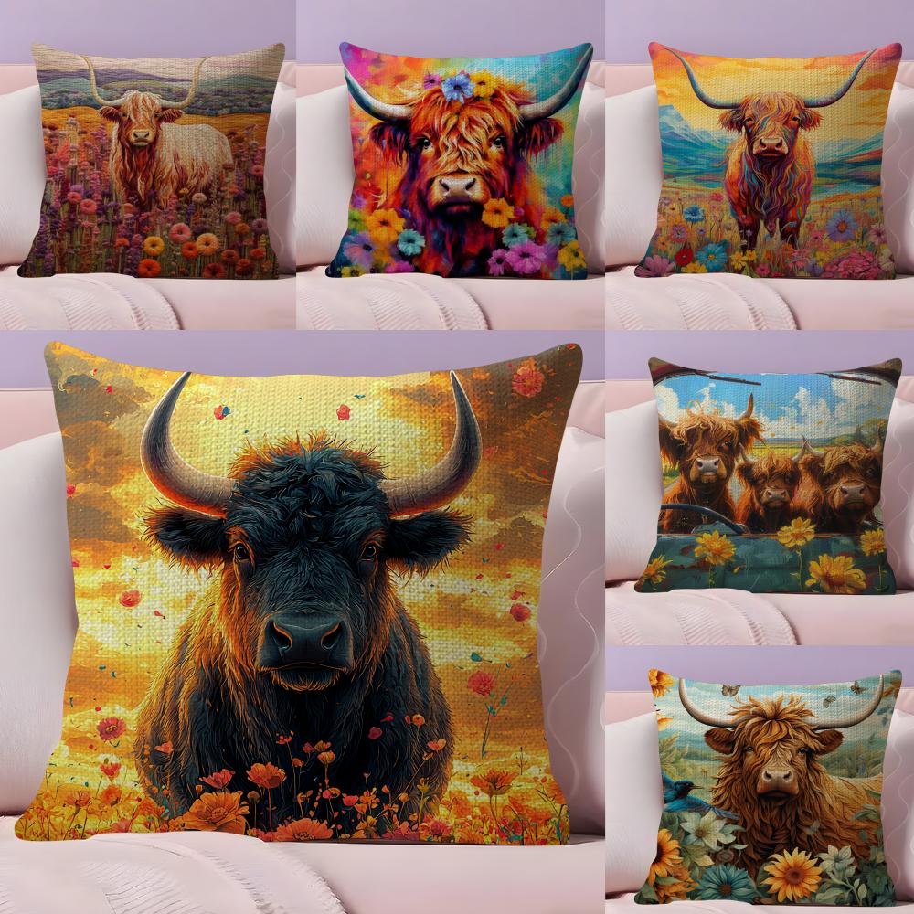 Highland Cow Pattern Cushion Cover Natural Linen Pillow Case DoubleSided Print Decorative Sofa Pillowcase Home Decor Gift