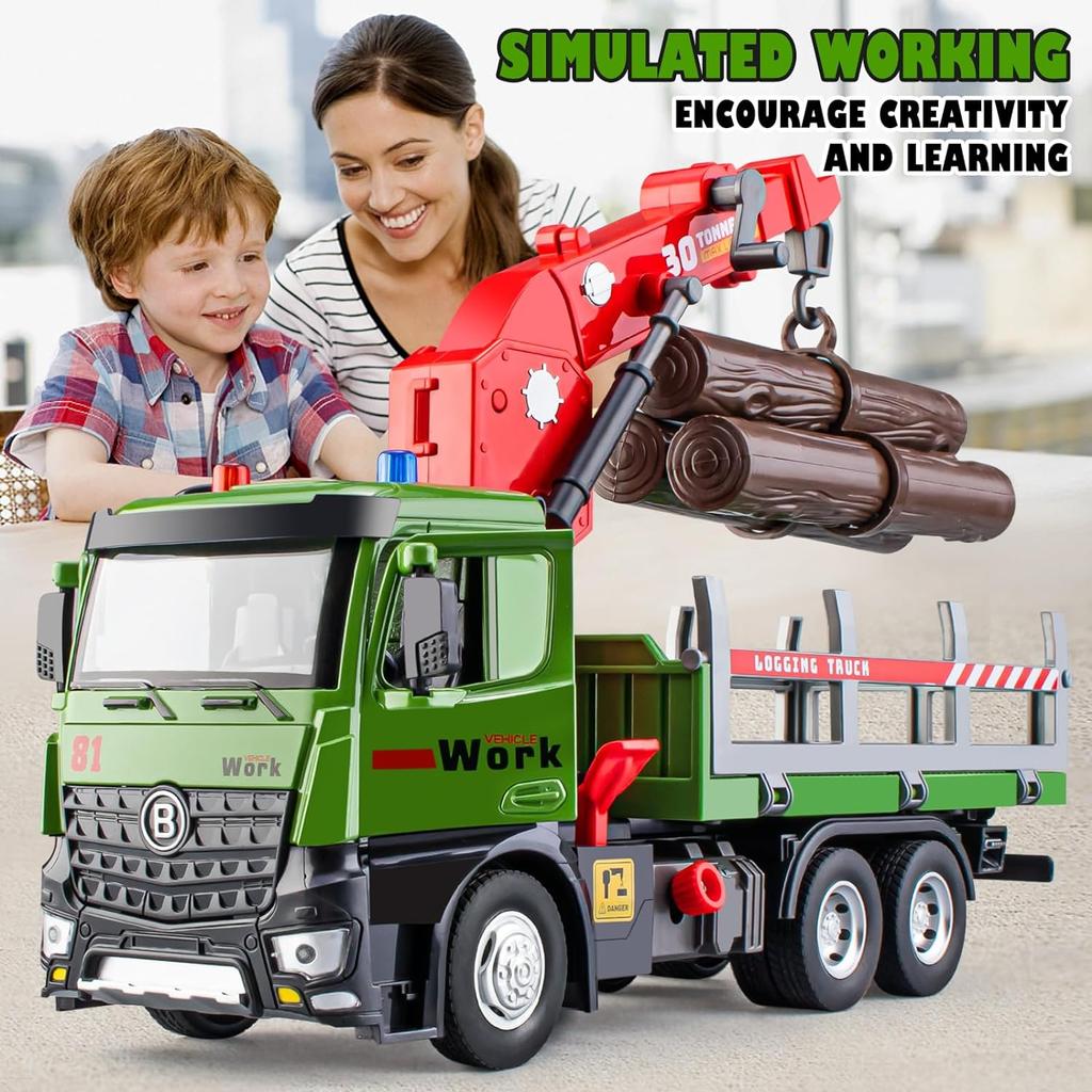 1/24 Scale Wooden Toy Truck Metal Cab, Friction Driven Wooden Truck, Equipped with A Full Function Loading Crane and 3 Loadable Logs, Light and Sound,