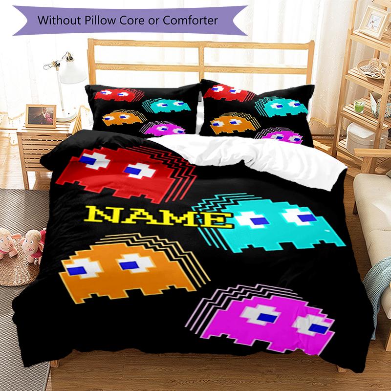 3pcs Custom Name Pac Man Bedding Set Duvet Cover Closure Includes 1 Duvet Cover & 2 Pillowcases, Soft and Comfortable for All Seasons.