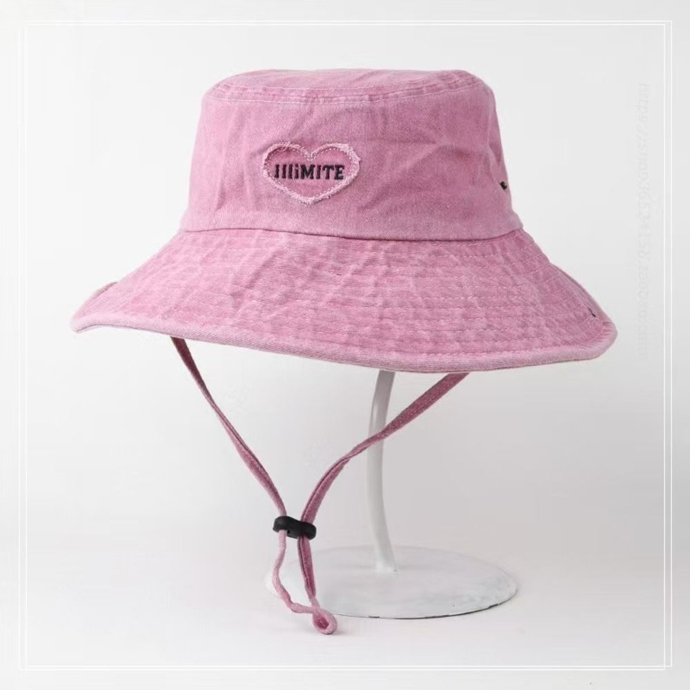 Foldable Summer Ladies Sun Hat With Drawstring Heart Embroidery Fisherman Hat Wide Brim Windproof Western Cowboy Hat