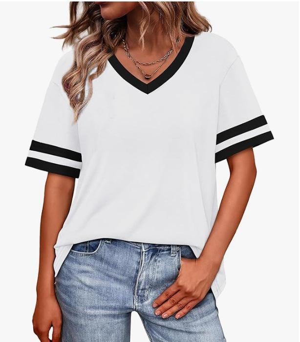 2026 Women's V-Neck Striped Color Block Loose Casual Sports Top