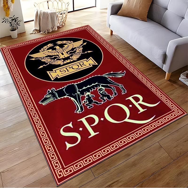 Roman-Inspired SPQR Carpet with Eagle and Wolf, Red Gold Pattern Design Suitable for use as an anti-slip for living room bedroom sofas